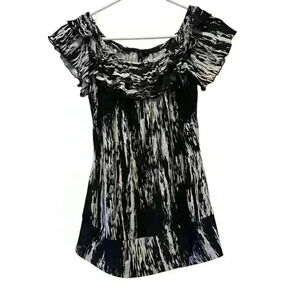 Milano Black White Patterned Silk Ruffle Blouse